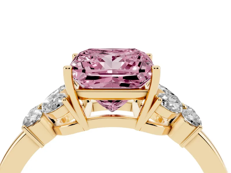 Fancy Pink Princess Cut Diamond Solitaire Floral Ring Set in Yellow gold with Marquise Petals and Prong Setting