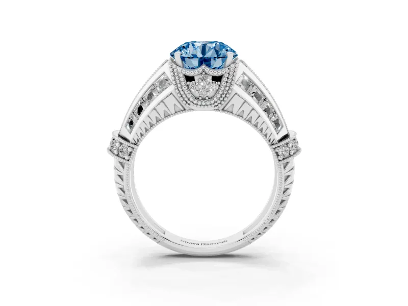 Fancy Blue Round Cut Diamond Vintage-Inspired Milgrain Ring Set in White gold with Accent Split Shank