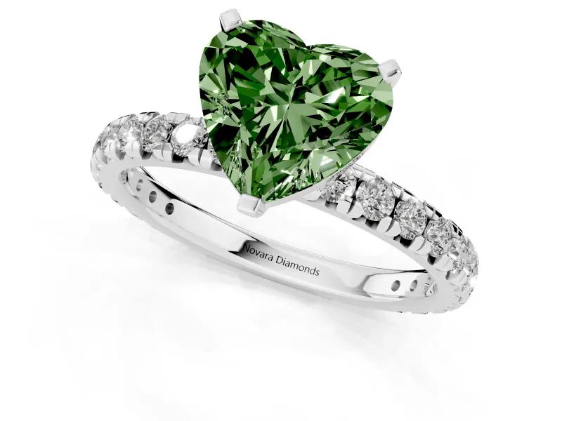 Fancy Green Heart Cut Diamond Pavé Solitaire Ring Set in White gold with Round Band and Prong Setting