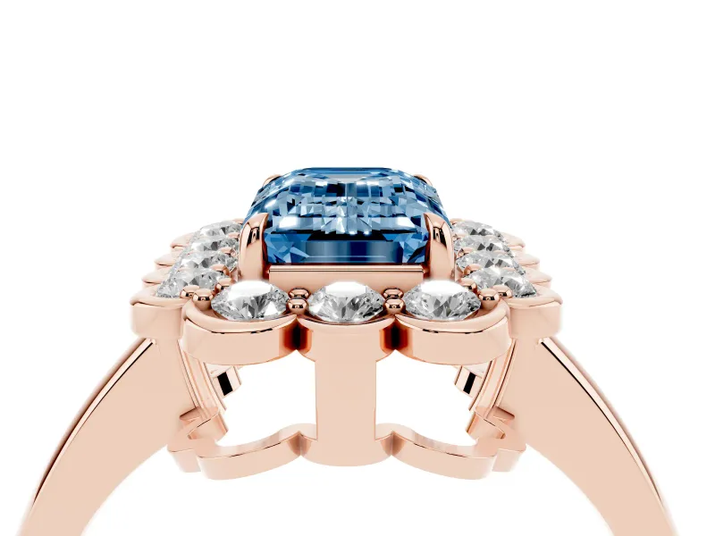 Emerald Cut Scalloped Cluster Halo Engagement Ring Setting for a Fancy Blue Lab-Grown Diamond | Plain Band | Rose Gold