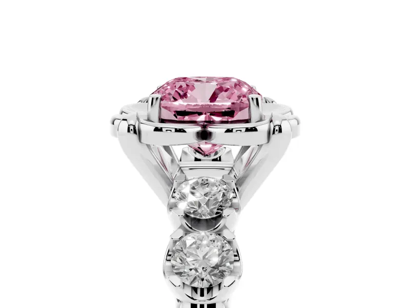Fancy Pink Cushion Cut Diamond Floral Halo Ring Set in White gold with Shared Prong Band