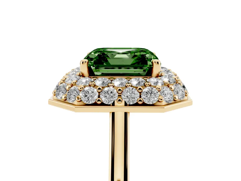 Fancy Green Asscher Cut Diamond Halo Engagement Ring Set in Yellow gold with Solitaire Band and Prong Setting