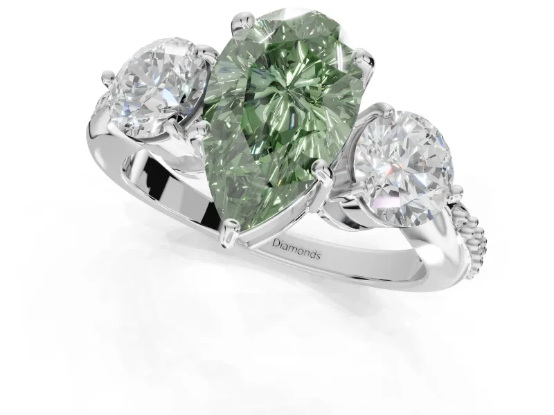Pear-Shaped Three Stone Engagement Ring Setting for a Fancy Green Lab-Grown Diamond | Tapered Pave Band | Platinum