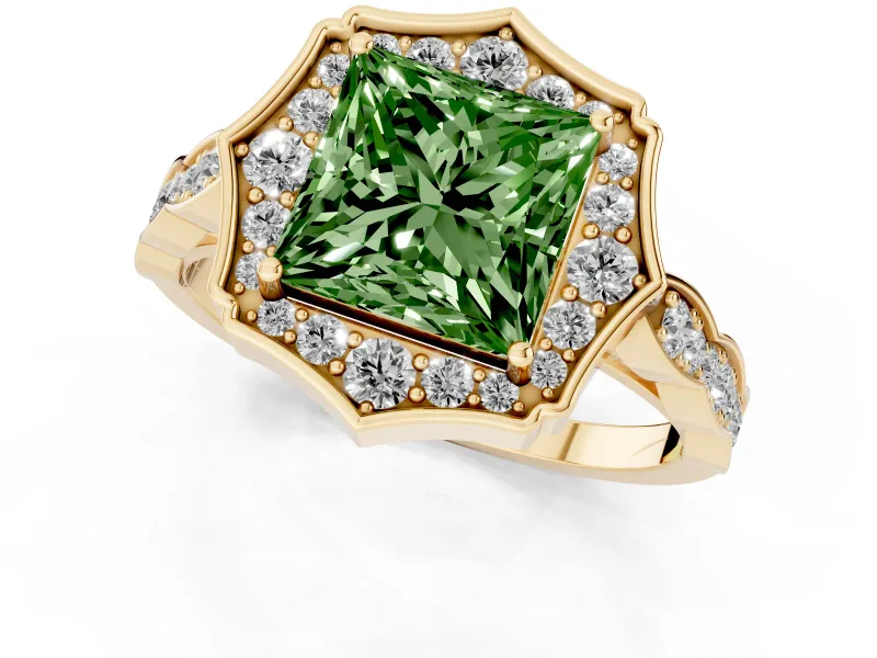 Princess Cut Scalloped Halo Engagement Ring Setting for a Fancy Green Lab-Grown Diamond | Pave Band | Yellow Gold