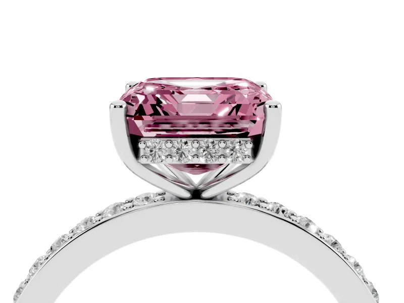 Fancy Pink Asscher Cut Diamond Pavé Band Ring Set in White gold with Prong-Set Center Stone