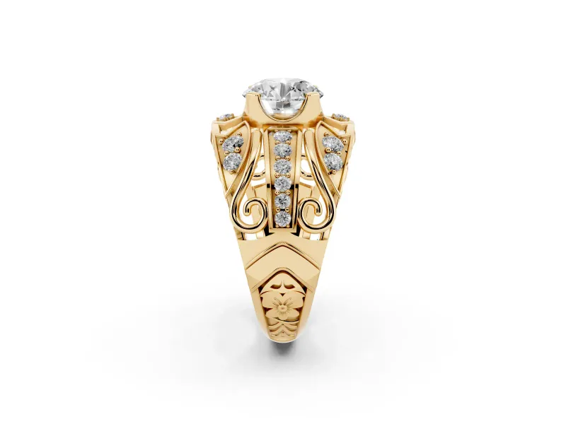 Round Art Deco Graduated Pave Engagement Ring Setting | Split Shank | Yellow Gold