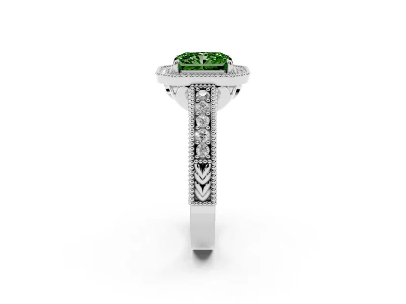 Fancy Green Radiant Cut Diamond Halo Ring Set in Silver with Round Accent Halo, Pavé Band and Prong Setting