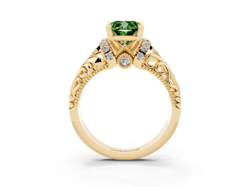 Fancy Green Cushion Cut Diamond Filigree Halo Engagement Ring Set in Yellow gold with Prong Setting