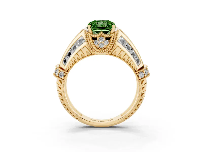 Radiant Cut Vintage Milgrain Engagement Ring Setting for a Fancy Green Lab-Grown Diamond | Hidden Halo | Yellow Gold
