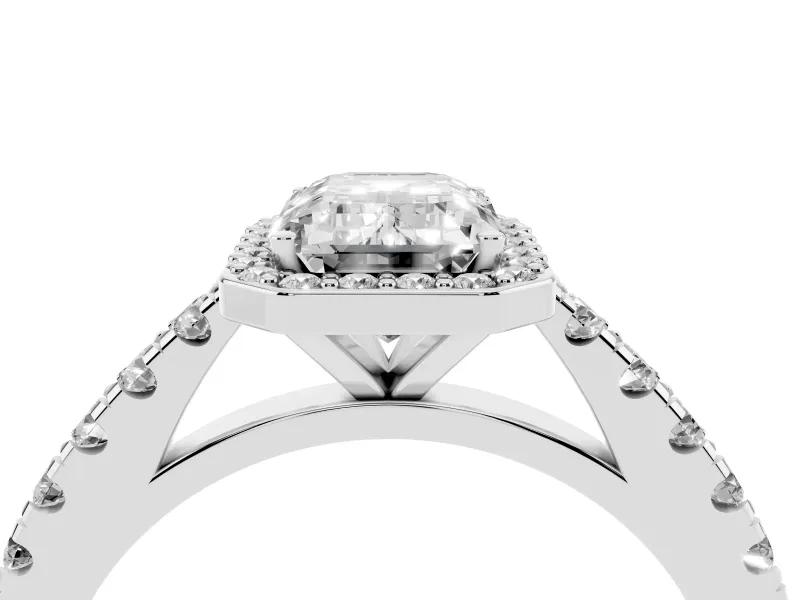 Emerald Cut Halo Pavé Engagement Ring Setting | Single Row Shoulders | Platinum