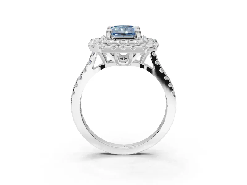 Fancy Blue Radiant Cut Lab-Grown Diamond Double Halo Statement Ring Set in White Gold with Pavé Band