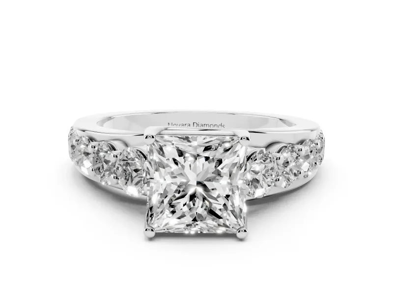 Princess Cut Diamond Pavé Engagement Ring Set in Silver with Prong Setting