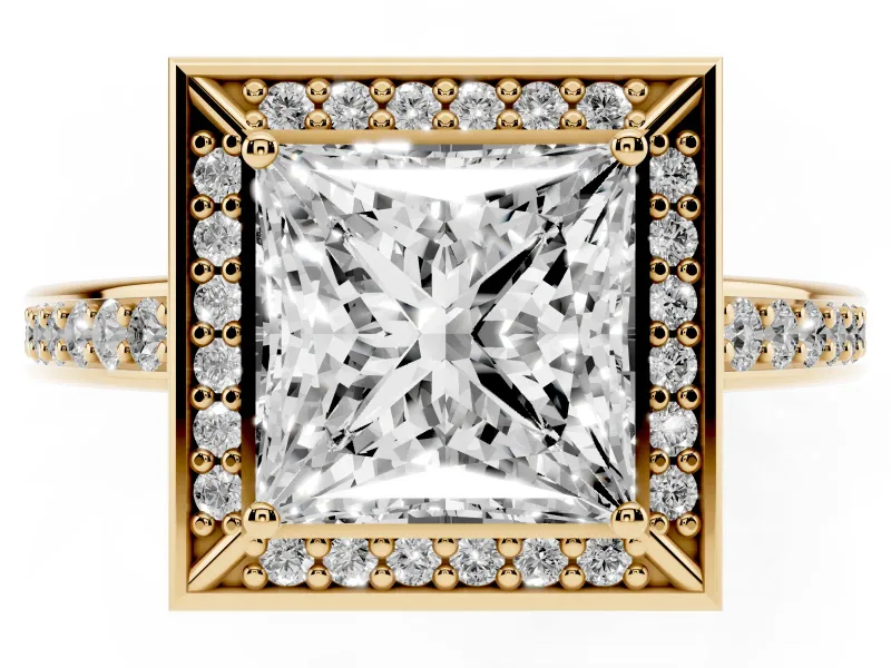 Princess Cut Diamond Halo Pavé Split Shank Ring Set in Yellow gold with Prong Setting