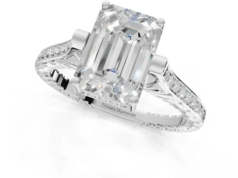Emerald Cut Vintage Cathedral Engagement Ring Setting | Carved Band | White Gold