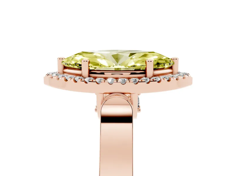 Fancy Yellow Marquise Cut Diamond Halo Ring Set in Rose gold with Pavé-Lined Split Shank Band