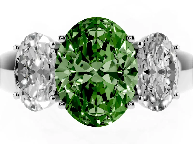 Fancy Green Three-Stone Oval Cut Diamond Ring Set in Platinum with Matching Prong Settings and Plain Band
