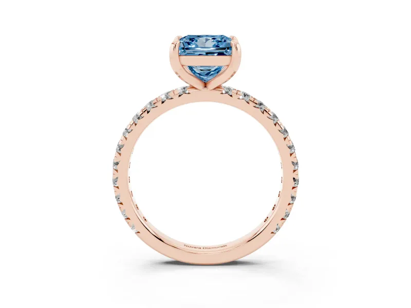 Fancy Blue Princess Cut Diamond Pavé Solitaire Ring Set in Rose gold with Round Band and Prong Setting