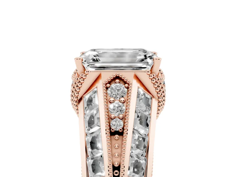 Emerald Cut Diamond Vintage-Inspired Milgrain Ring Set in Rose gold with Accent Split Shank