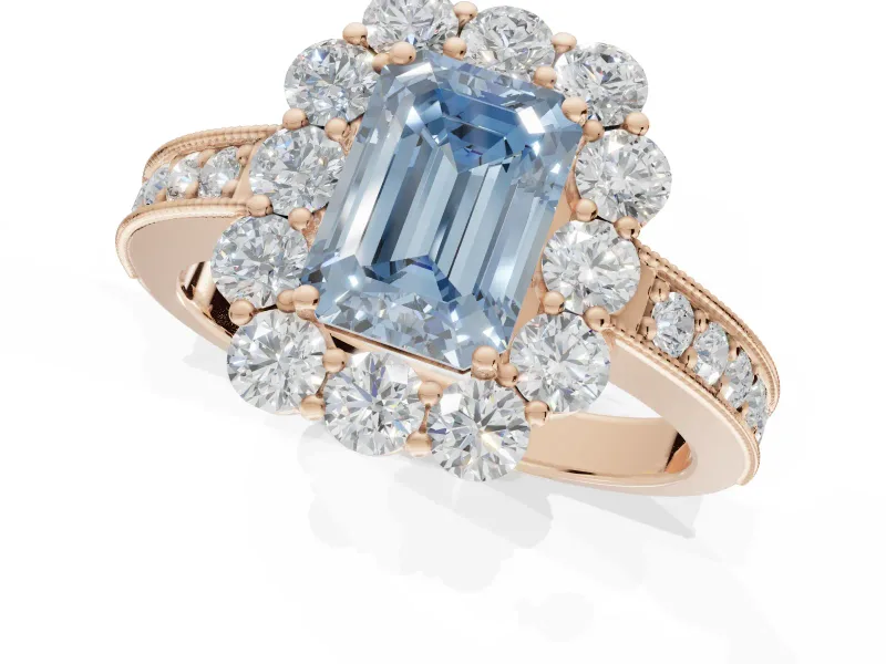 Emerald Cut Vintage Halo Engagement Ring Setting for a Fancy Blue Lab-Grown Diamond | Rose Gold