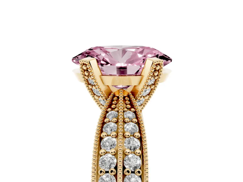 Fancy Pink Oval Cut Diamond Solitaire Ring Set in Yellow gold with Milgrain Double Row Round Pavé Band
