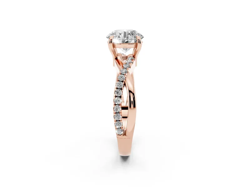 Round Cut Diamond Twist Band Solitaire Set in Rose gold with Pavé Accents and Prong Setting
