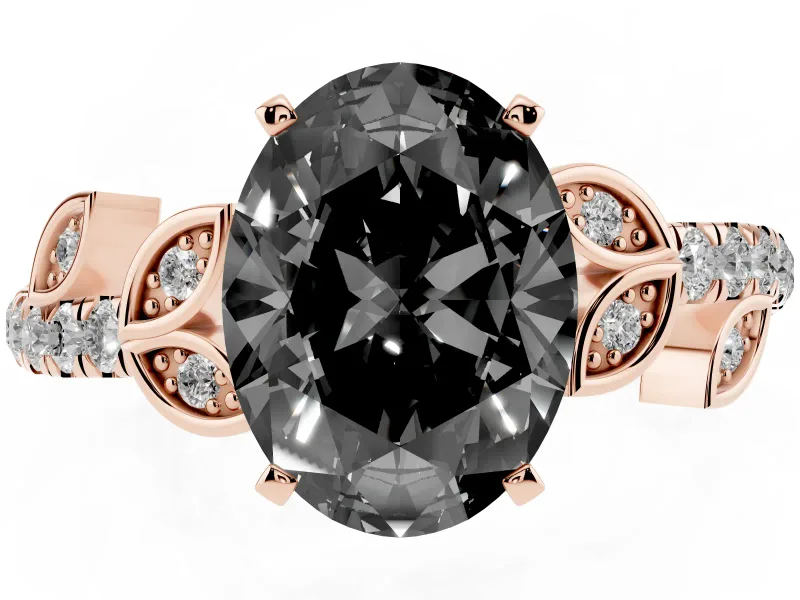 Fancy Black Oval Cut Diamond Solitaire Leaf-Inspired Ring Set in Rose gold with Pavé Band and Prong Setting