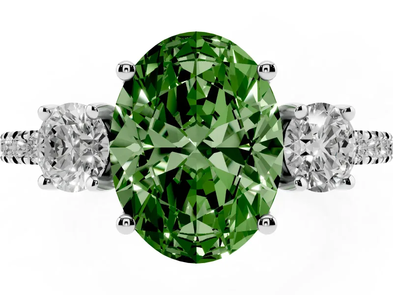 Fancy Green Oval Cut Diamond Three-Stone Ring Set in White gold with Pavé Band and Graduated Sides