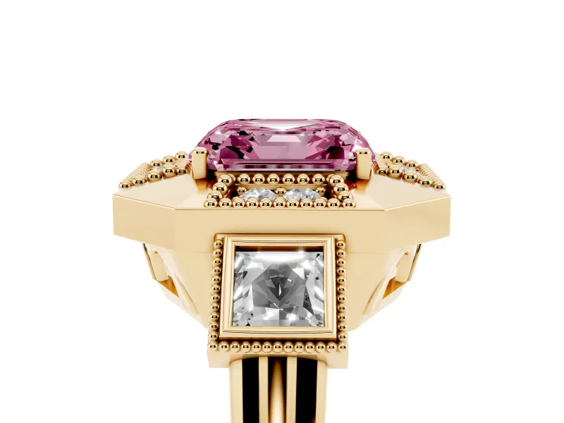 Asscher Cut Milgrain Sectioned Halo Engagement Ring Setting for a Fancy Pink Lab-Grown Diamond | Yellow Gold