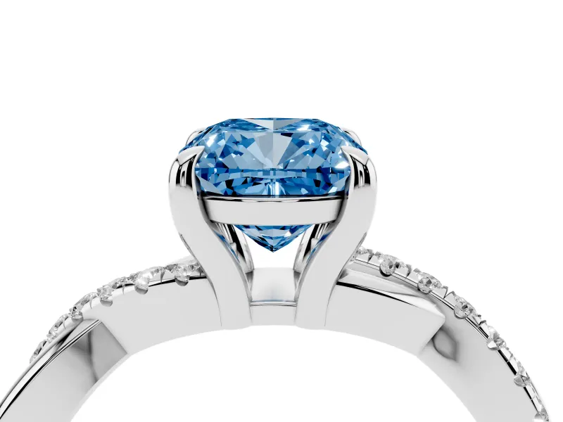 Fancy Blue Cushion Cut Diamond Twist Band Solitaire Set in Platinum with Pavé Accents and Prong Setting