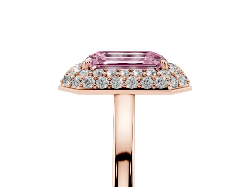 Fancy Pink Emerald Cut Diamond Halo Engagement Ring Set in Rose gold with Solitaire Band and Prong Setting