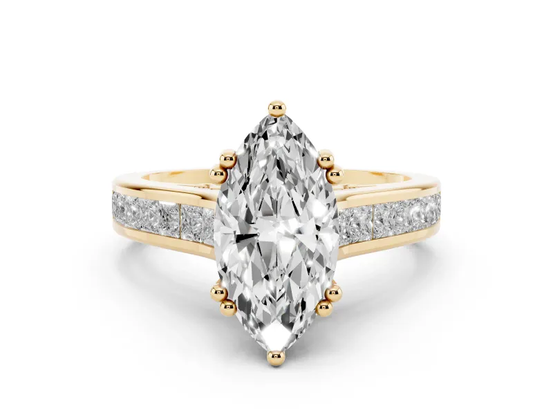 Marquise Cut Diamond Channel Set Solitaire Engagement Ring Set in Yellow gold with Prong Setting