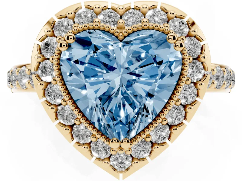 Heart-Shaped Milgrain Halo Engagement Ring Setting for a Fancy Blue Lab-Grown Diamond | Pavé Shoulders | Yellow Gold