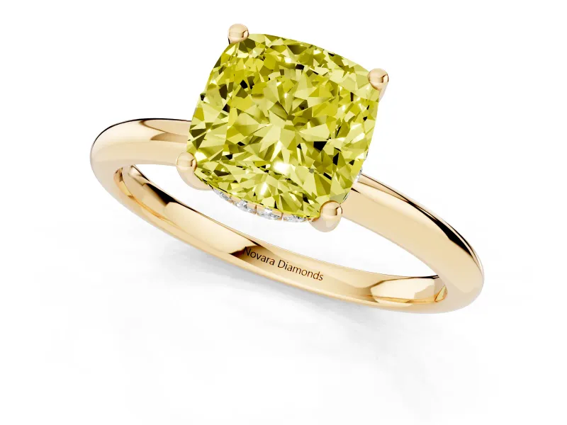 Cushion Cut Hidden Halo Engagement Ring Setting for a Fancy Yellow Lab-Grown Diamond | Plain Band | Yellow Gold