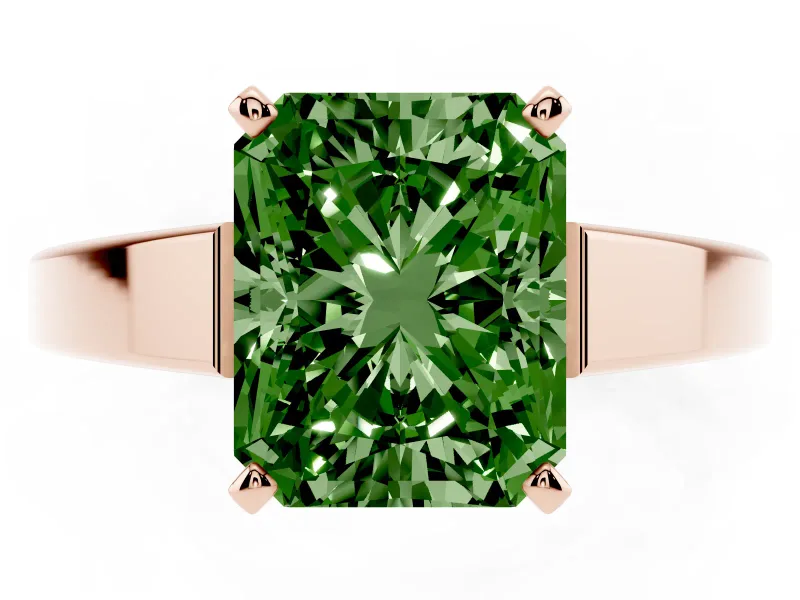 Fancy Green Radiant Cut Diamond Solitaire Engagement Ring Set in Rose gold with Prong Setting and Tapered Band