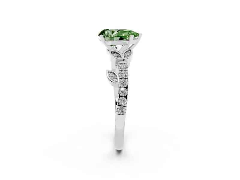 Fancy Green Pear Cut Diamond Solitaire Leaf-Inspired Ring Set in Silver with Pavé Band and Prong Setting
