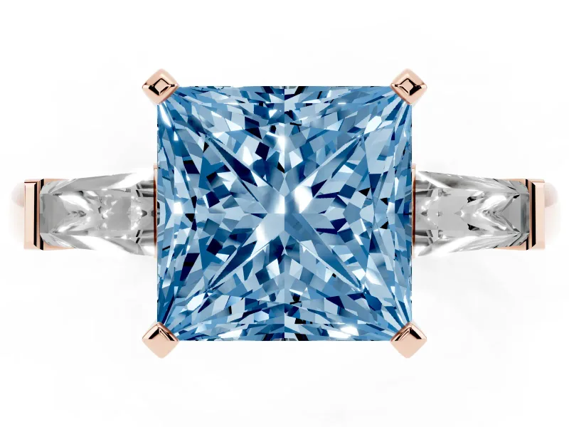 Fancy Blue Princess Cut Diamond Solitaire Ring Set in Rose gold with Tapered Baguette Side Stones and Prong Setting