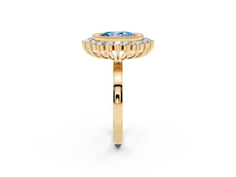 Oval Bezel Halo Engagement Ring Setting for a Fancy Blue Lab-Grown Diamond | Yellow Gold