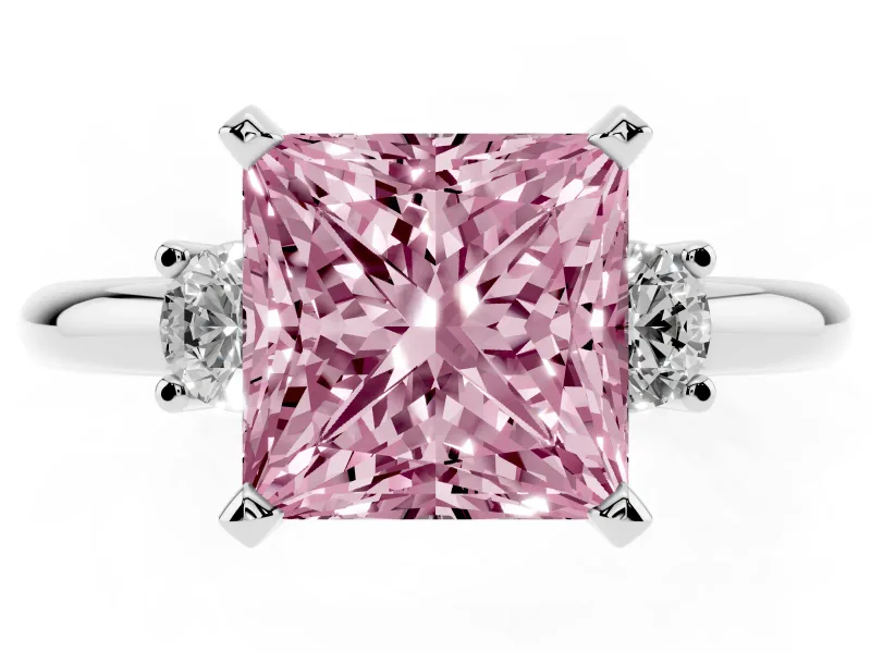 Fancy Pink Three-Stone Princess Cut Diamond Ring Set in White gold with Prong Setting and Plain Band