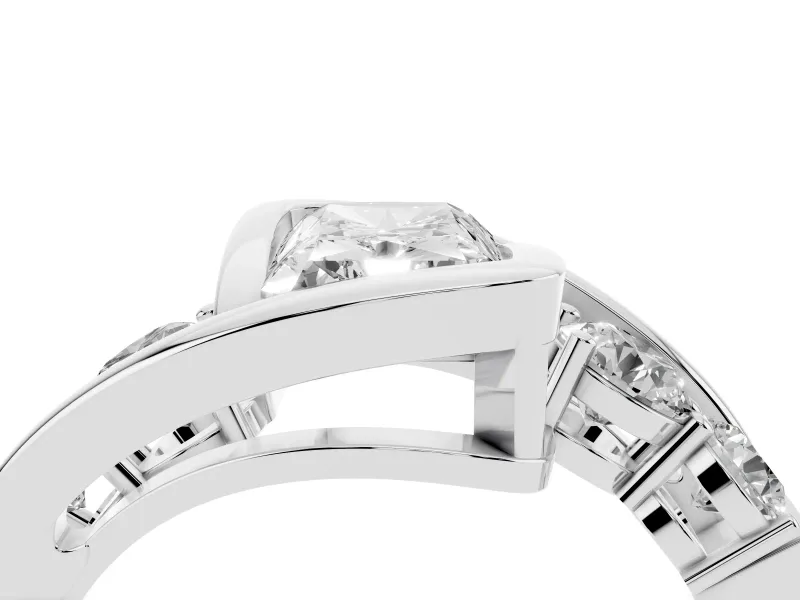 Radiant Cut Bezel Bypass Engagement Ring Setting | Round Side Stones | Sterling Silver