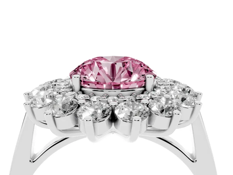 Round Floral Double Halo Engagement Ring Setting for a Fancy Pink Lab-Grown Diamond | Plain Band | White Gold