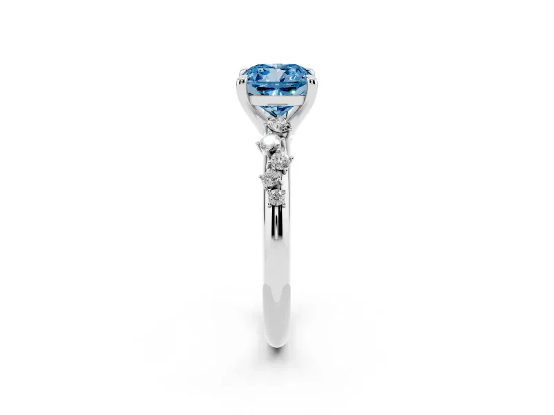 Fancy Blue Cushion Cut Diamond Solitaire Vine Band Ring Set in Platinum with Round Accents and Prong Setting