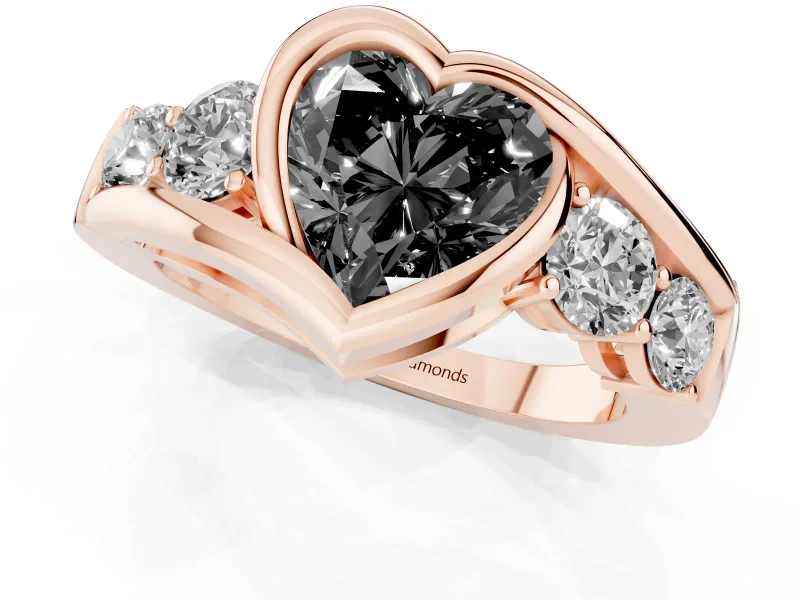 Heart-Shaped Bezel Bypass Engagement Ring Setting for a Black Center | Round Side Stones | Rose Gold