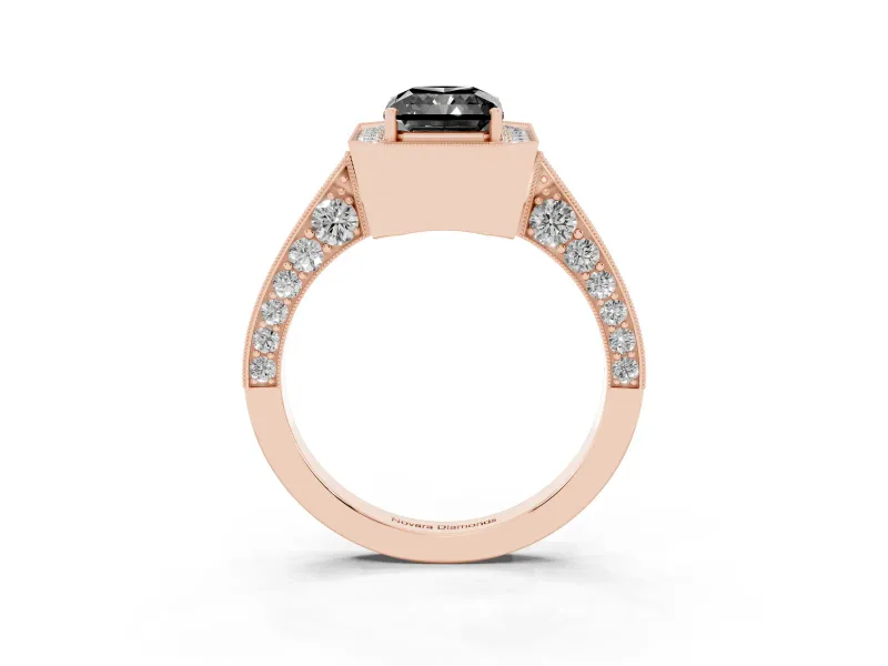 Radiant Cut Milgrain Halo Engagement Ring Setting for a Black Center | Side Stones | Rose Gold