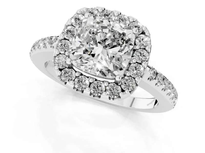 Cushion Cut Pave Halo Engagement Ring Setting | Pave Band | Sterling Silver