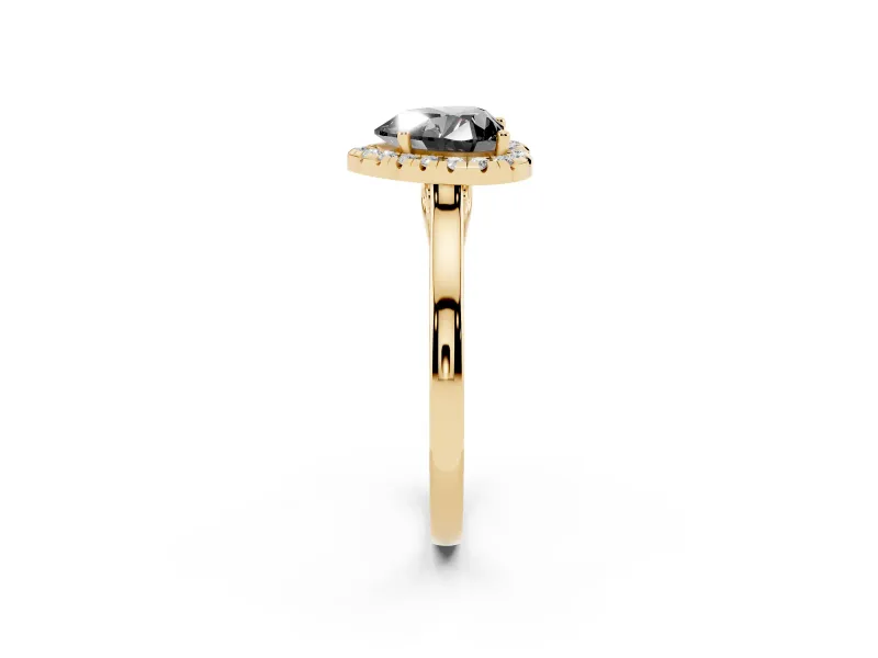 Fancy Black Heart Cut Halo Round Diamond Solitaire Ring Set in Yellow gold with Pavé Band and Prong Setting