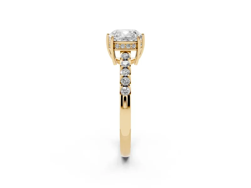 Cushion Cut Hidden Halo Solitaire Engagement Ring Setting | Shared Prong Band | Yellow Gold