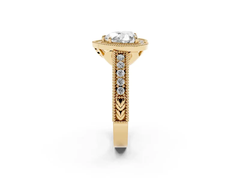 Heart-Shaped Vintage Milgrain Halo Engagement Ring Setting | Carved Leaf Detail | Yellow Gold