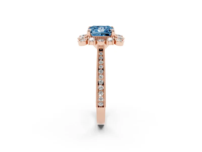 Princess Cut Scalloped Halo Engagement Ring Setting for a Fancy Blue Lab-Grown Diamond | Milgrain Edges | Rose Gold