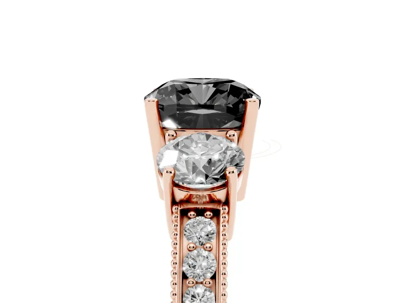 Fancy Black Cushion Cut Diamond Three-Stone Ring Set in Rose gold with Round Side Stones and Pavé Band