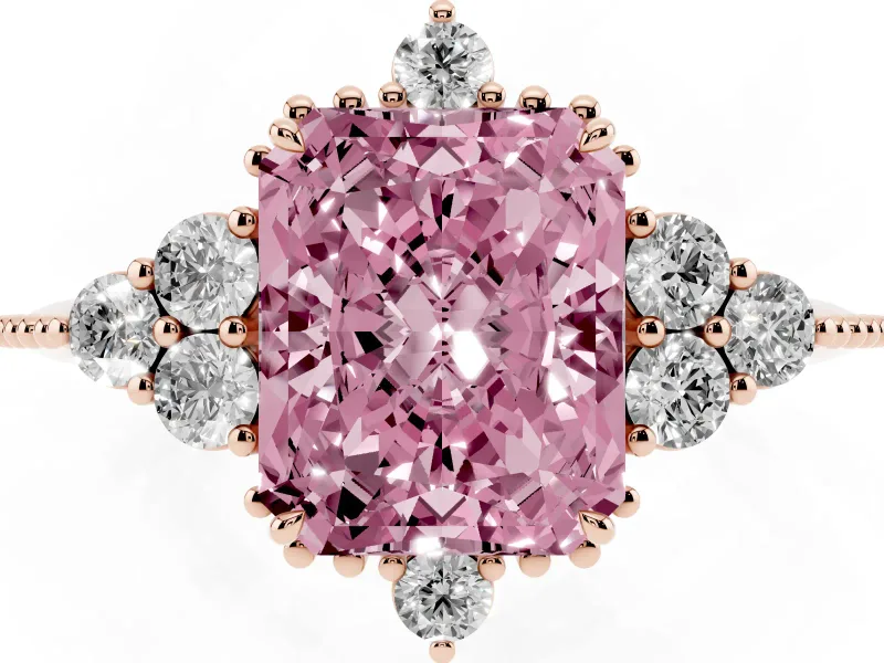 Fancy Pink Radiant Cut Diamond Cluster Ring Set in Rose gold with Beaded Band